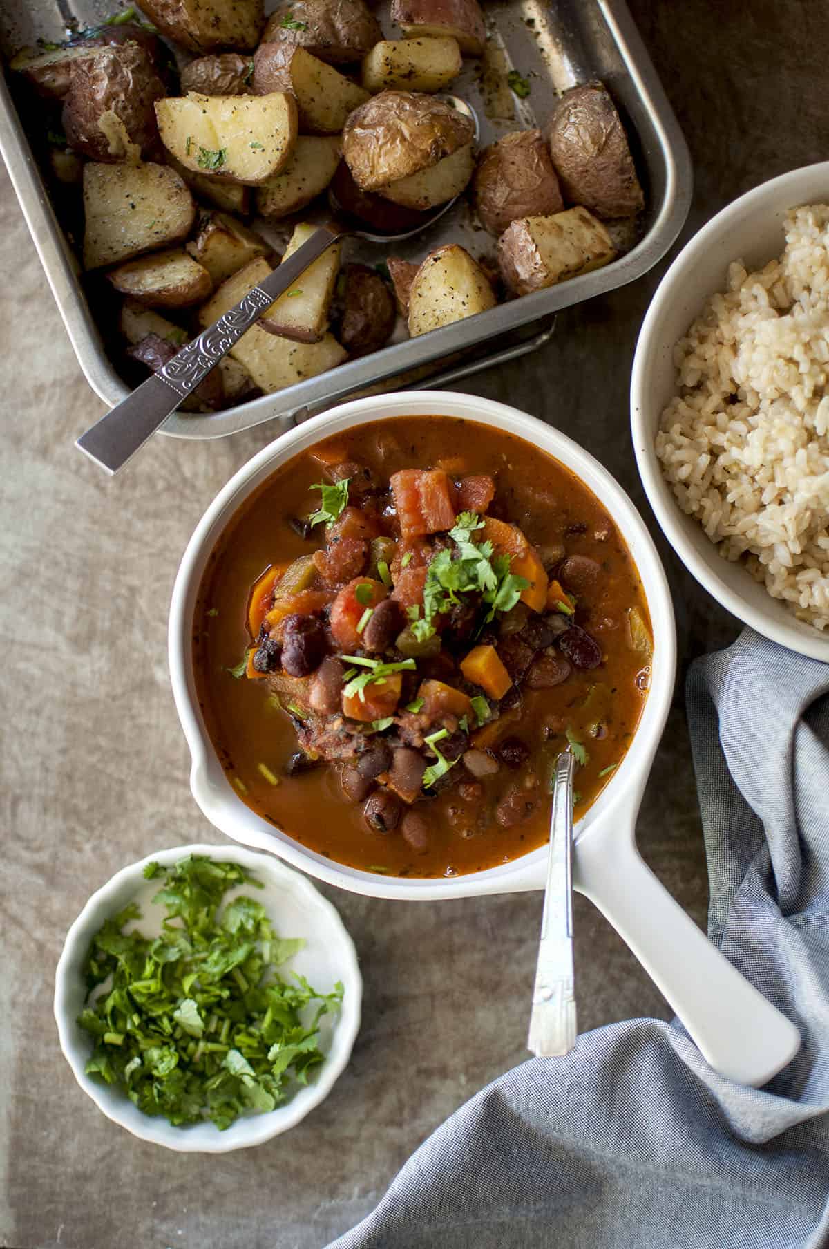 White bowl with vegetarian soup.