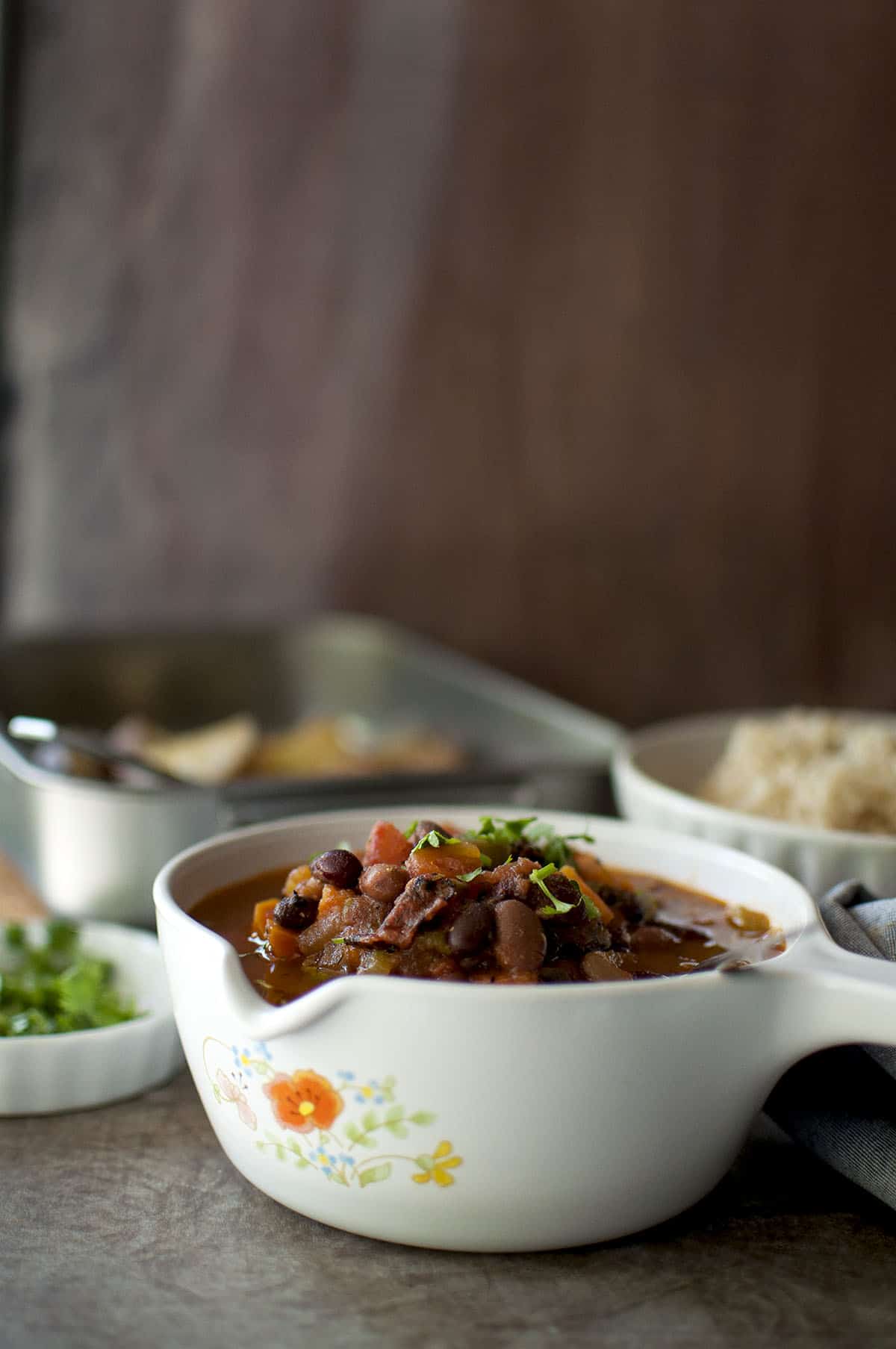 White bowl with mixed bean stew