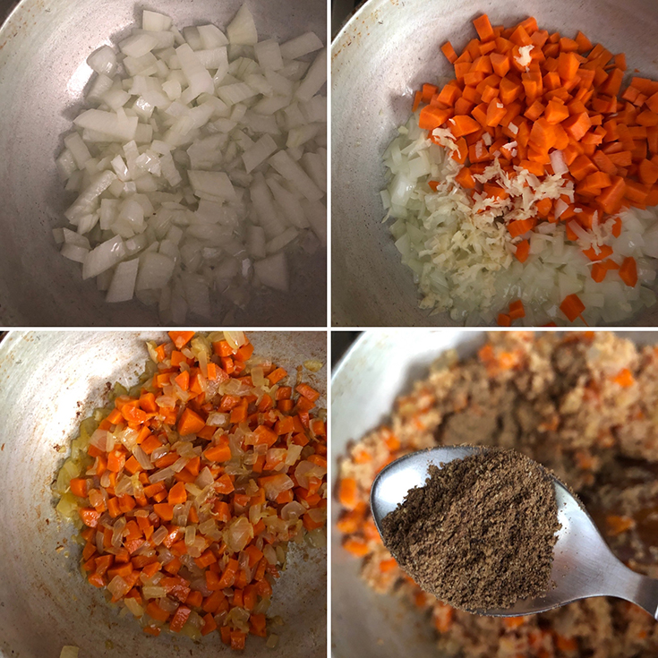 Step by step photos showing sauteed onions, carrot, garlic and addition of baharat spice