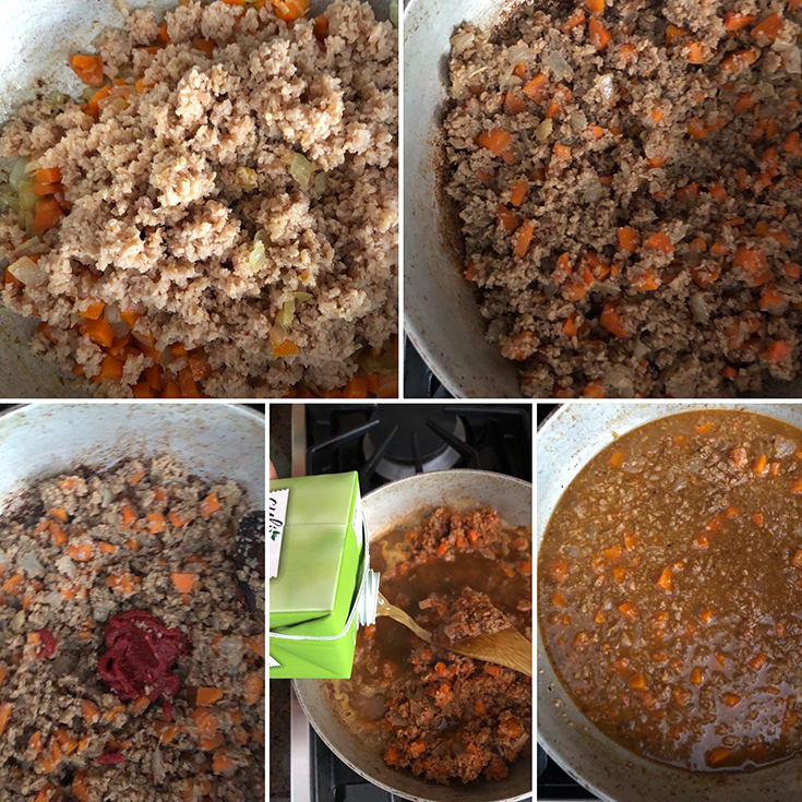 Step by step photos of adding reconstituted TVP, tomato paste, vegetable stock to the onion mixture