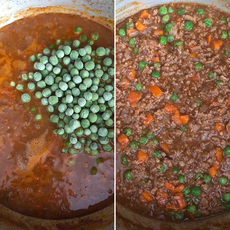 Side by side photos showing the addition of green peas and simmering Lebanese Stew