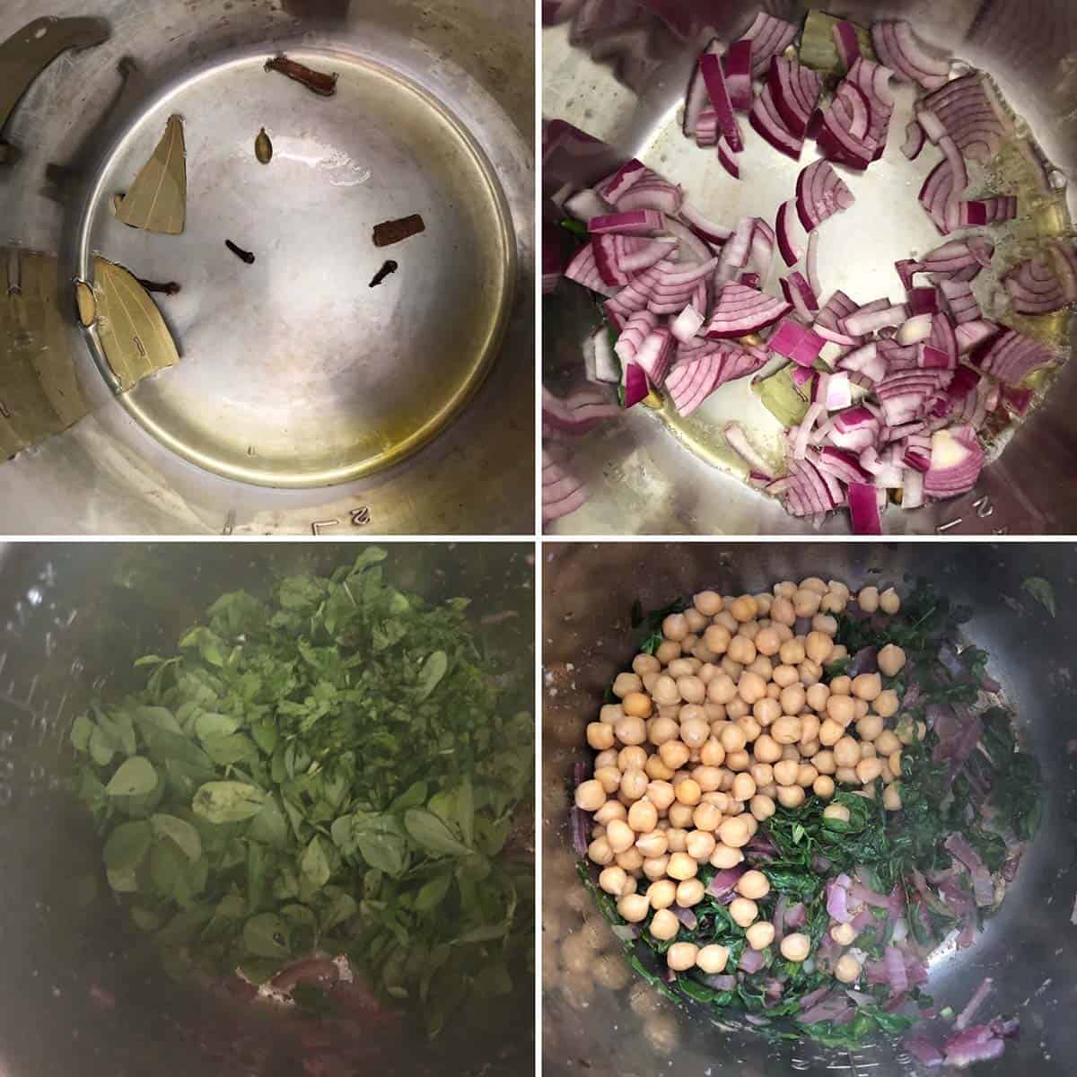 4 panel photo showing the sautéing of ingredients.