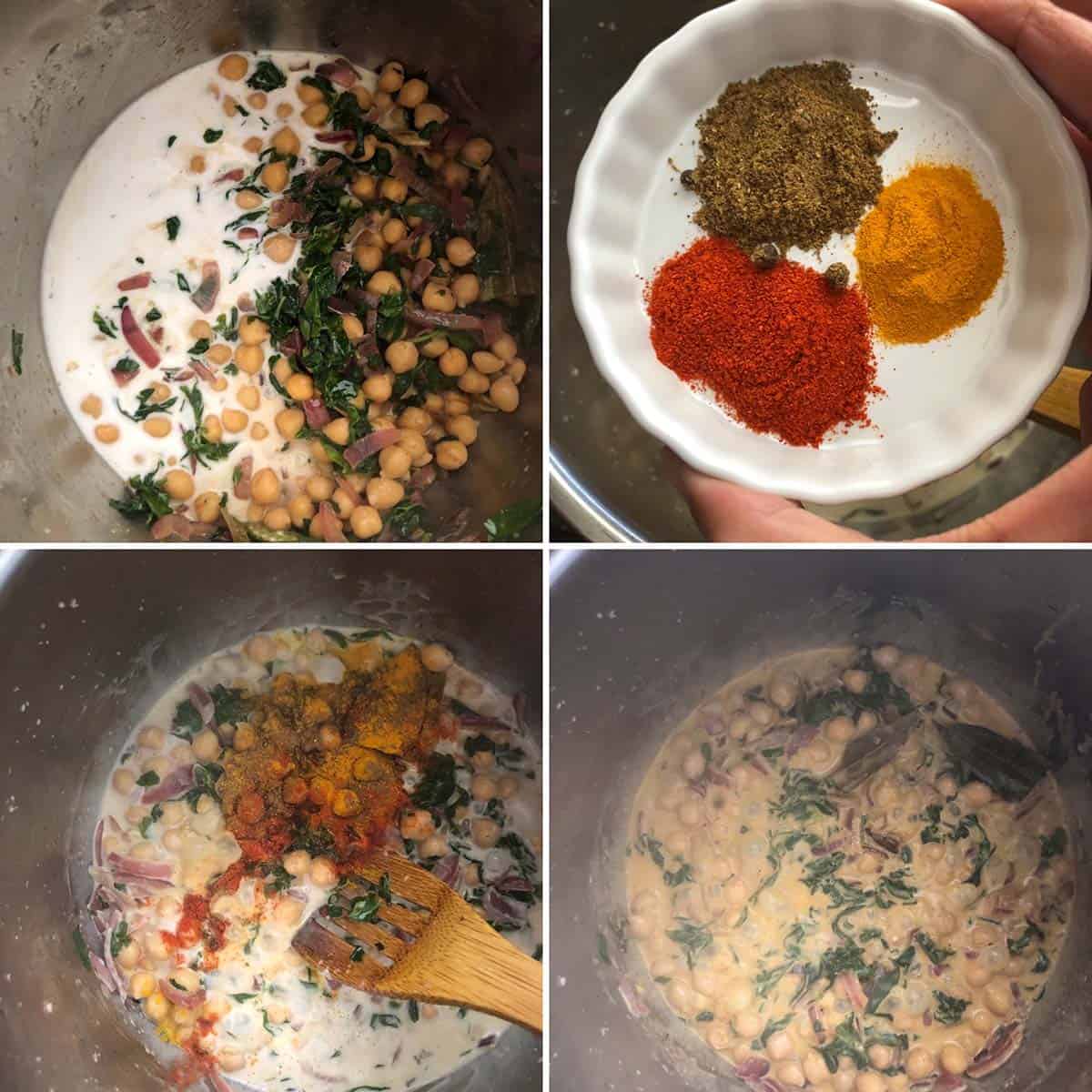 4 panel photo showing the addition of spices and coconut milk to Instant pot.