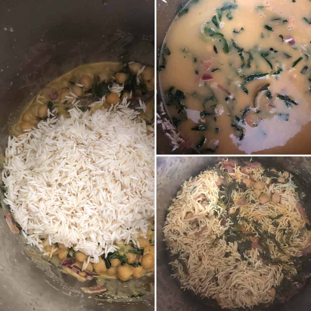 3 panel photo showing the addition of rice and water to Instant Pot