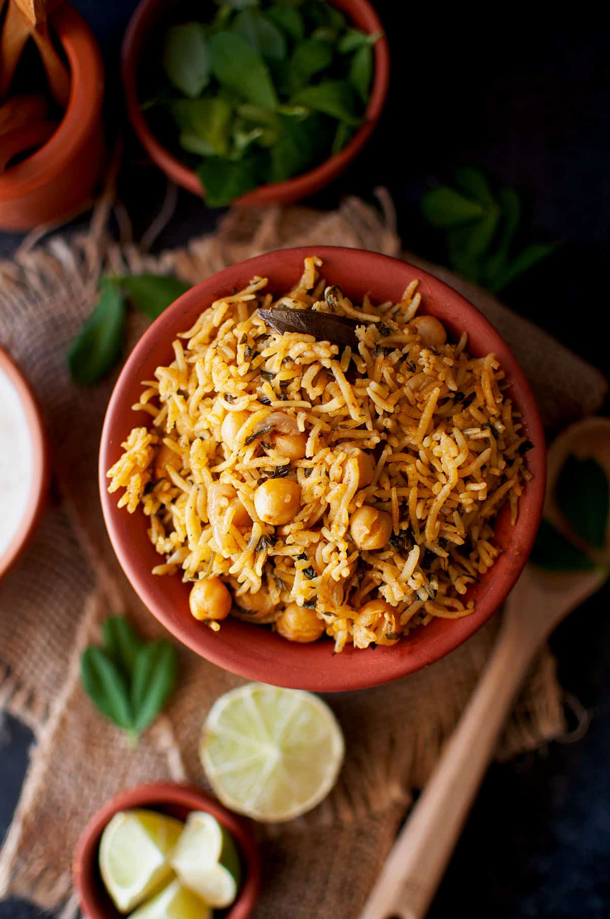 Top view of a bowl with methi chana pulao.