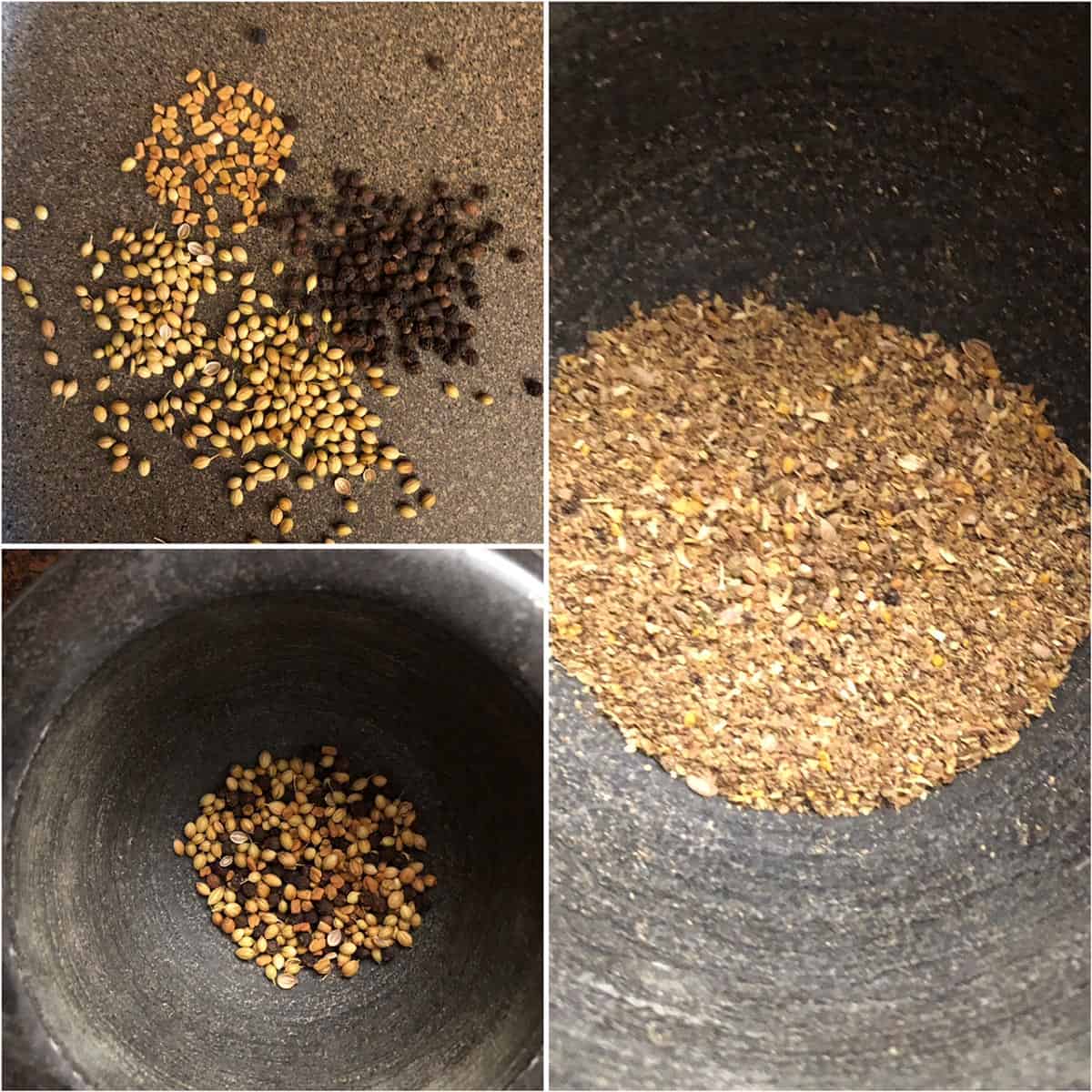 Fried spices, ground in a mortar and pestle