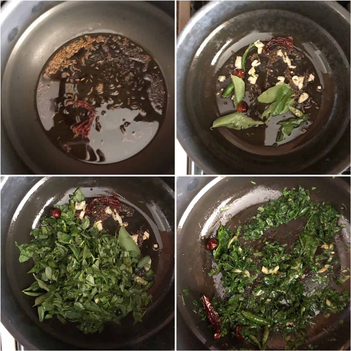 Cooking methi leaves until cooked through in a nonstick pan