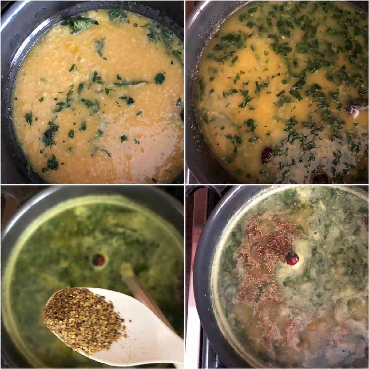 Adding cooked dal to menthikura