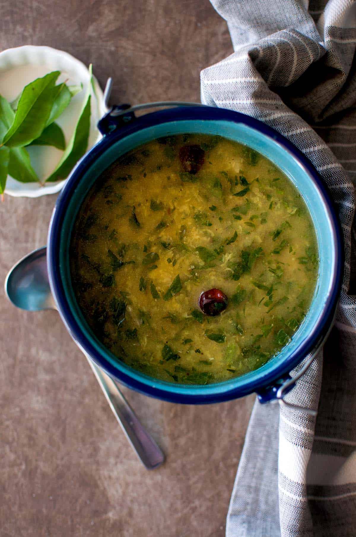 Blue pan with methi moong dal soup