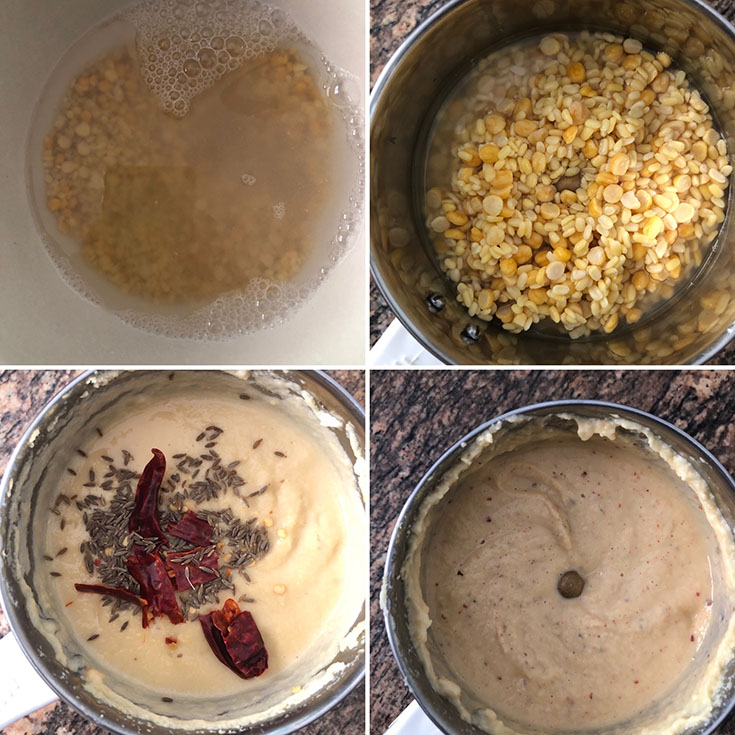 bowl with soaked lentils. Blender jar with drained lentils, red chilies and cumin seeds. Ground batter.