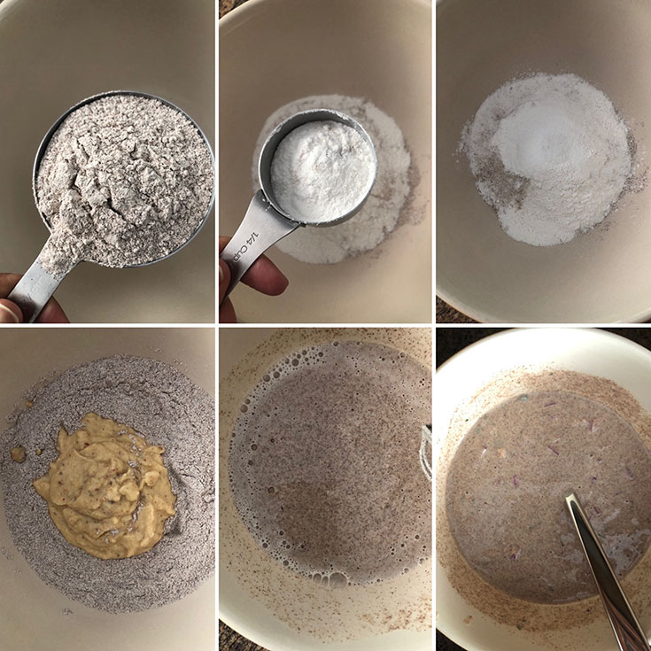 Ragi flour, rice flour added to a mixing bowl along with ground lentils, water and chopped onions