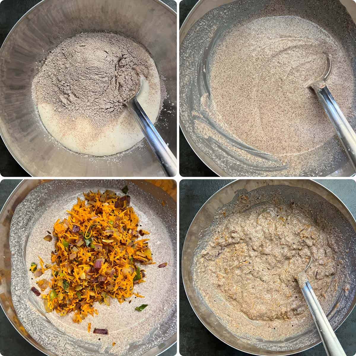 4 panel photo showing the mixing of ingredients for the batter.