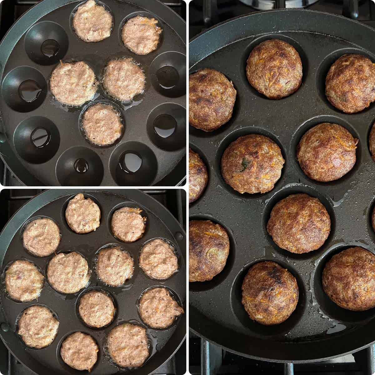 3 panel photo showing the cooking of paniyaram in a aebliskiver pan.