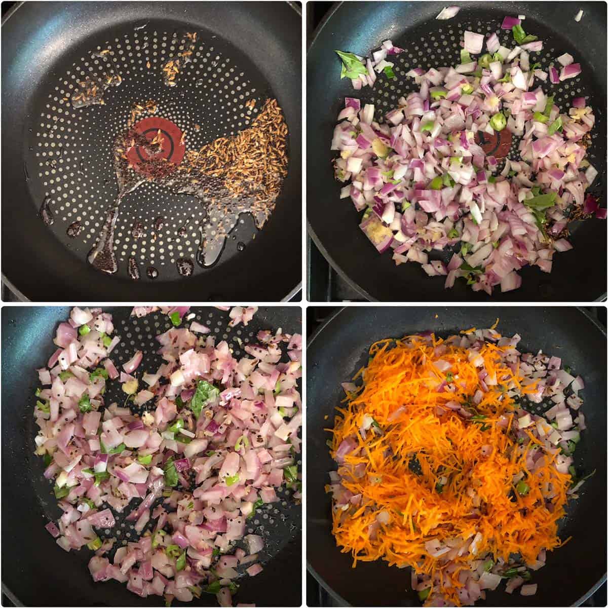 4 panel photo showing the sautéing of veggies.