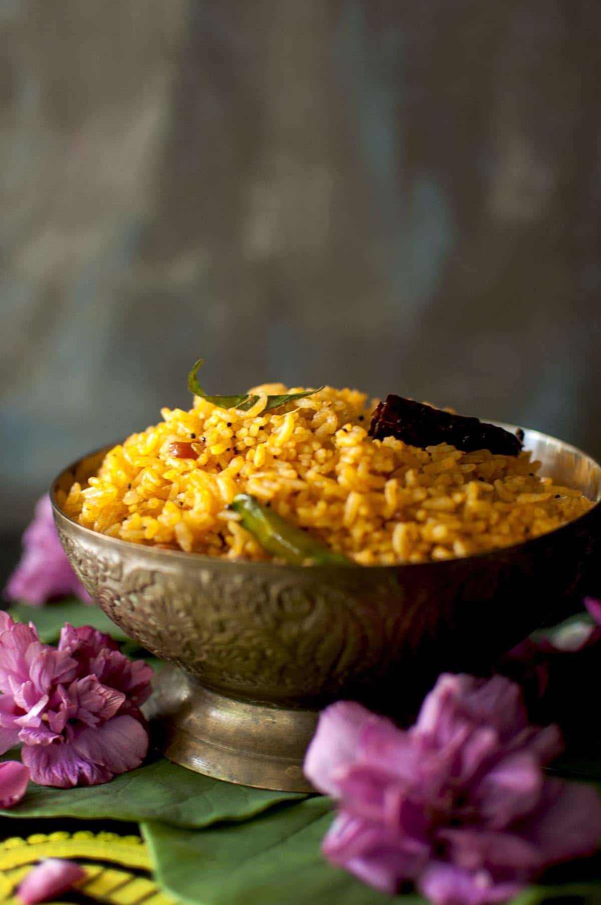 Brass bowl with spicy Indian rice