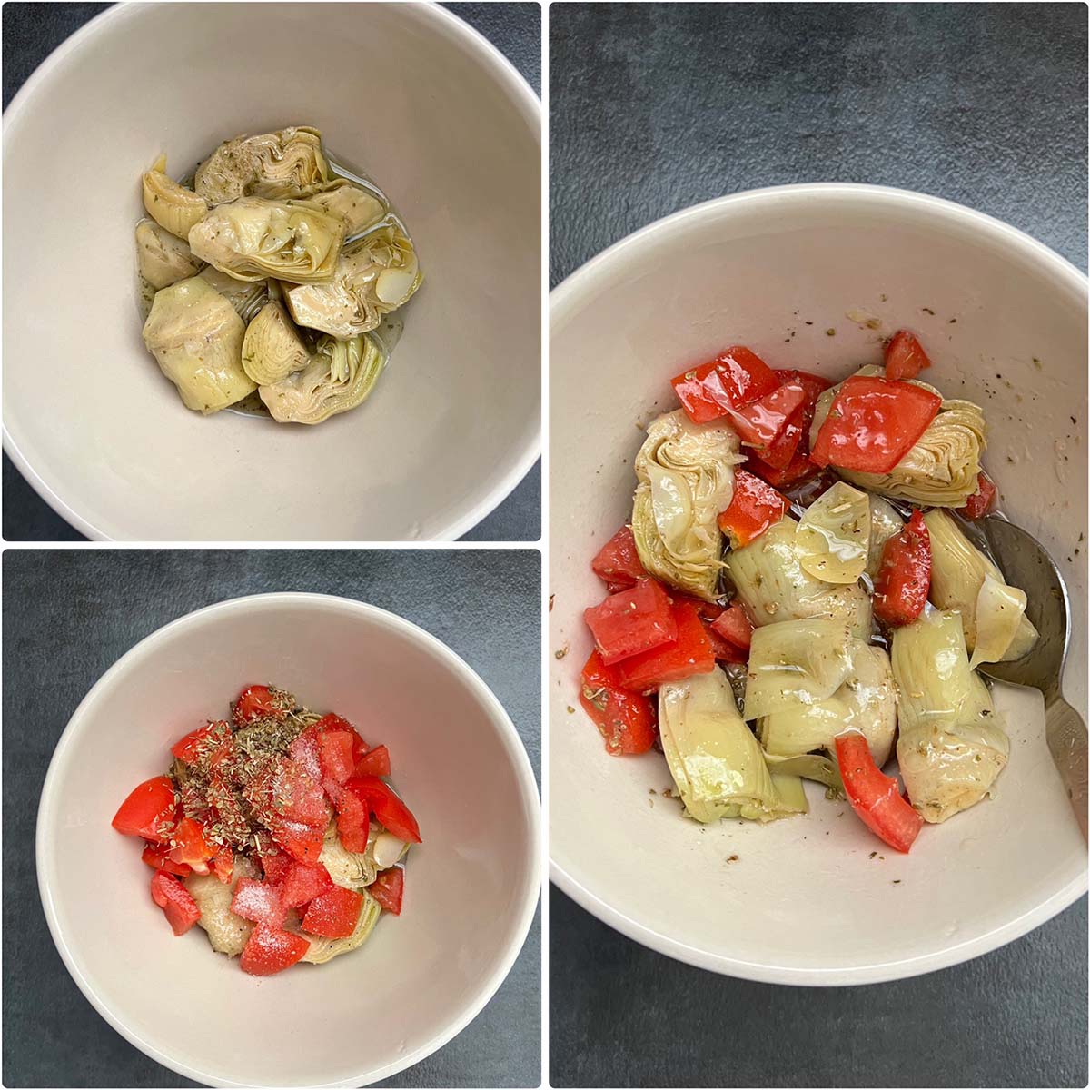 3 panel photo showing the mixing of vegetables in a bowl.