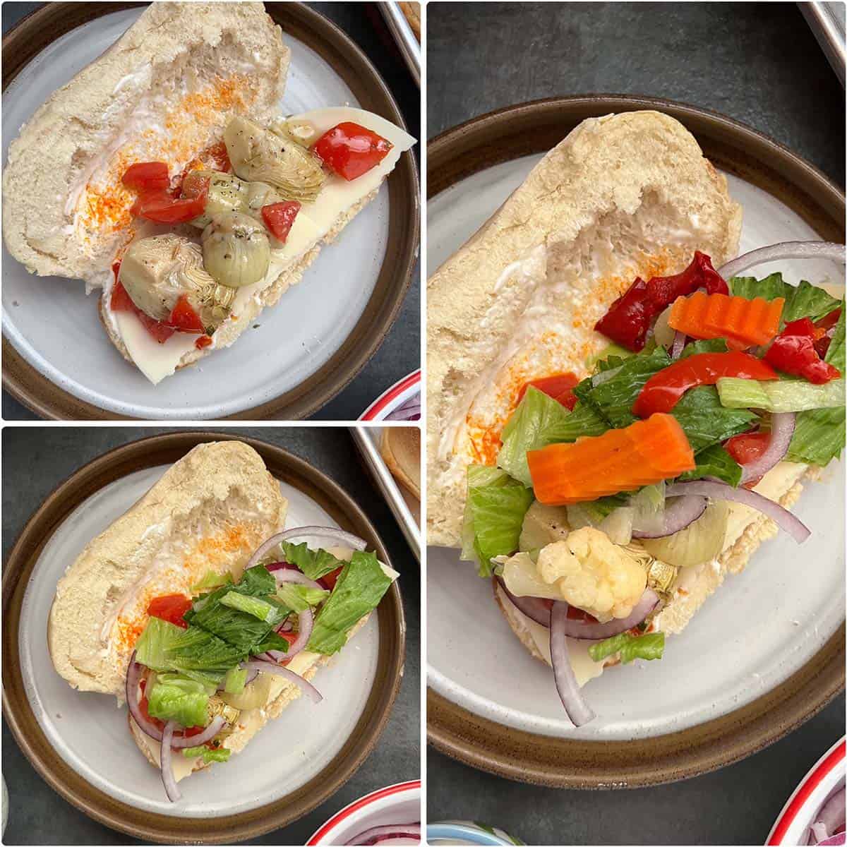 3 panel photo showing the addition of vegetables to the sandwich.
