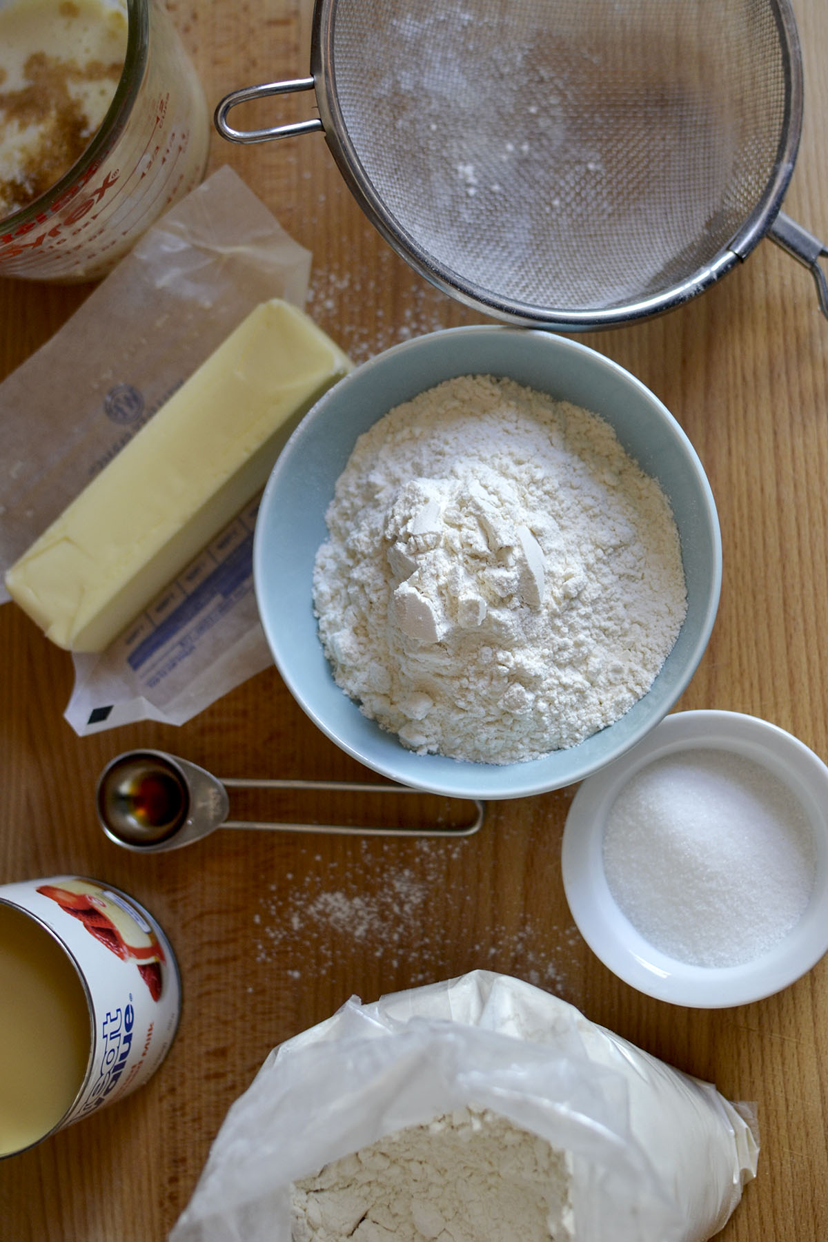 Ingredients needed - flour, butter, condensed milk, vanilla, milk, salt