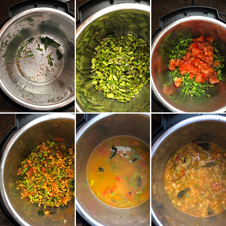 Step by step photos showing the making of asparagus dal