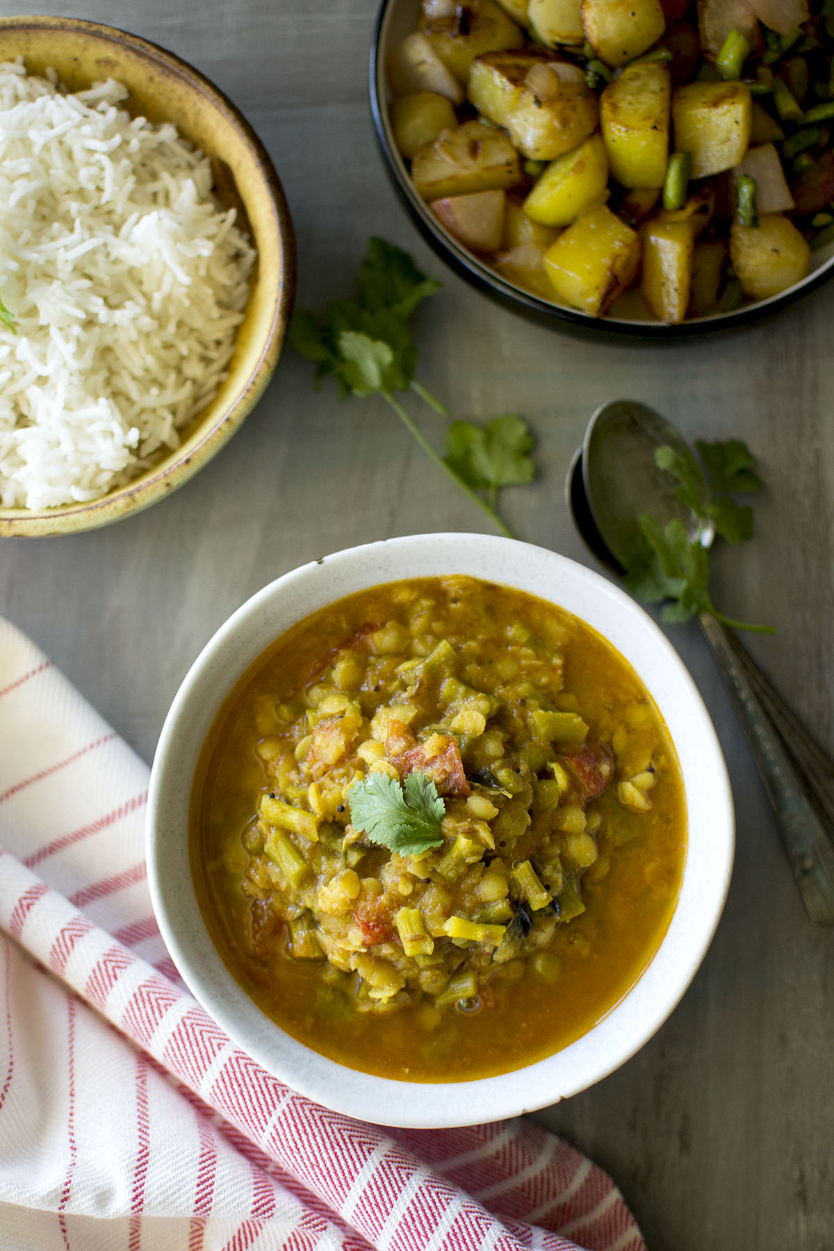 Grey bowl with Asparagus Lentil Soup