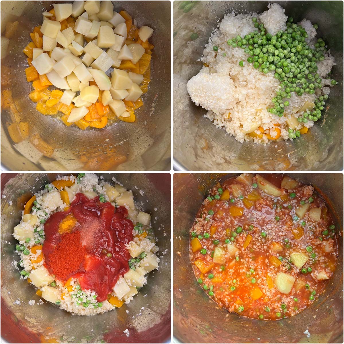 4 panel photo showing the addition of veggies to Instant pot.