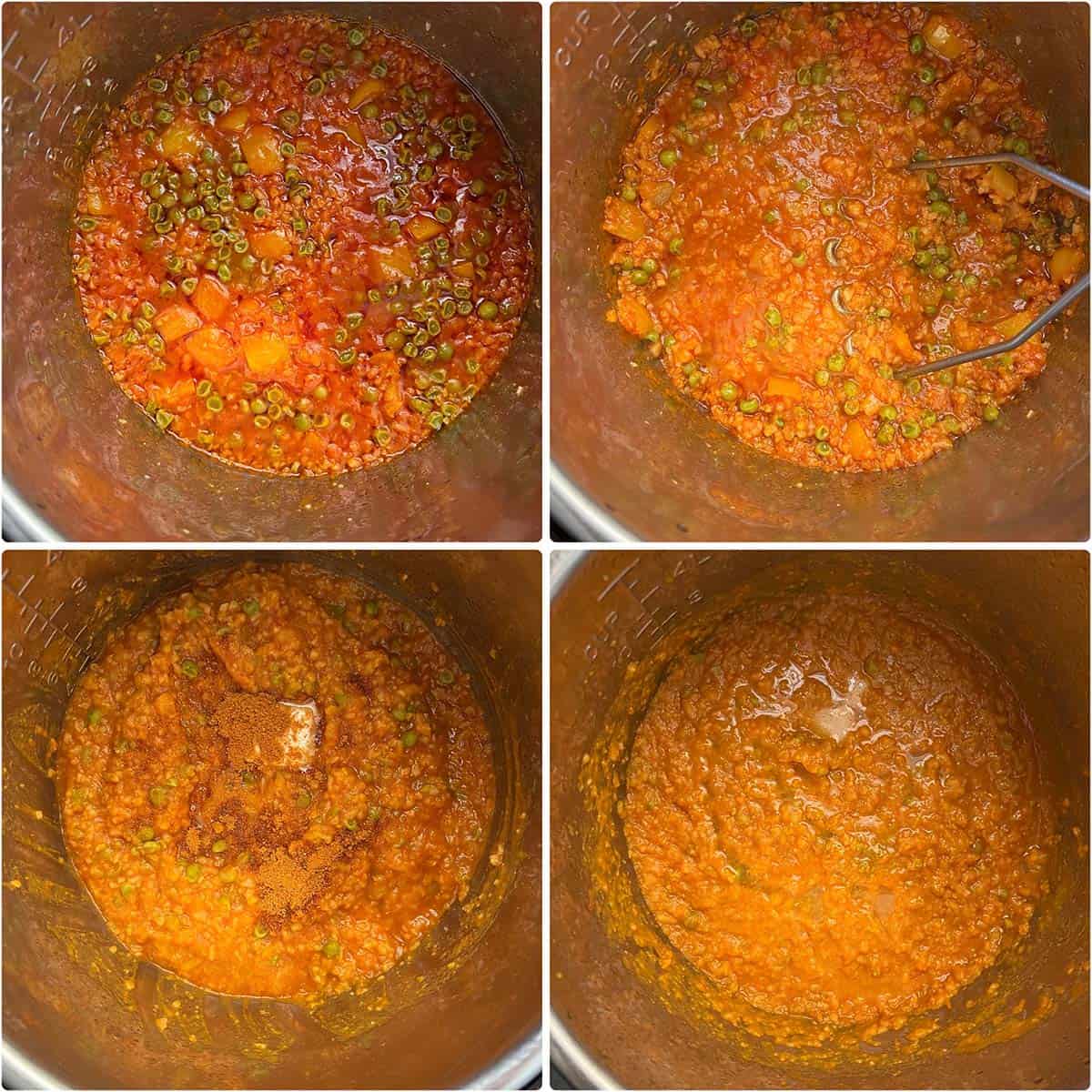 4 panel photo showing the making of bhaji in Instant pot.