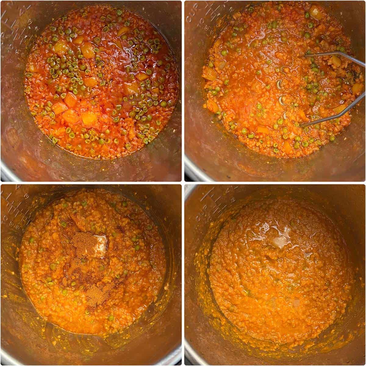 4 panel photo showing the making of bhaji in Instant pot.