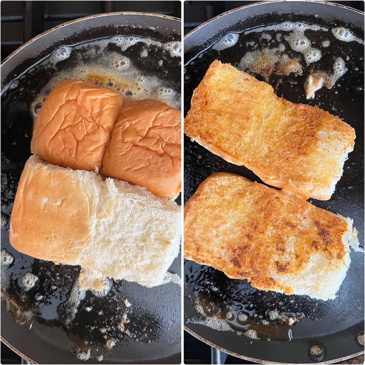 2 panel photo showing the toasting of buns on a pan.