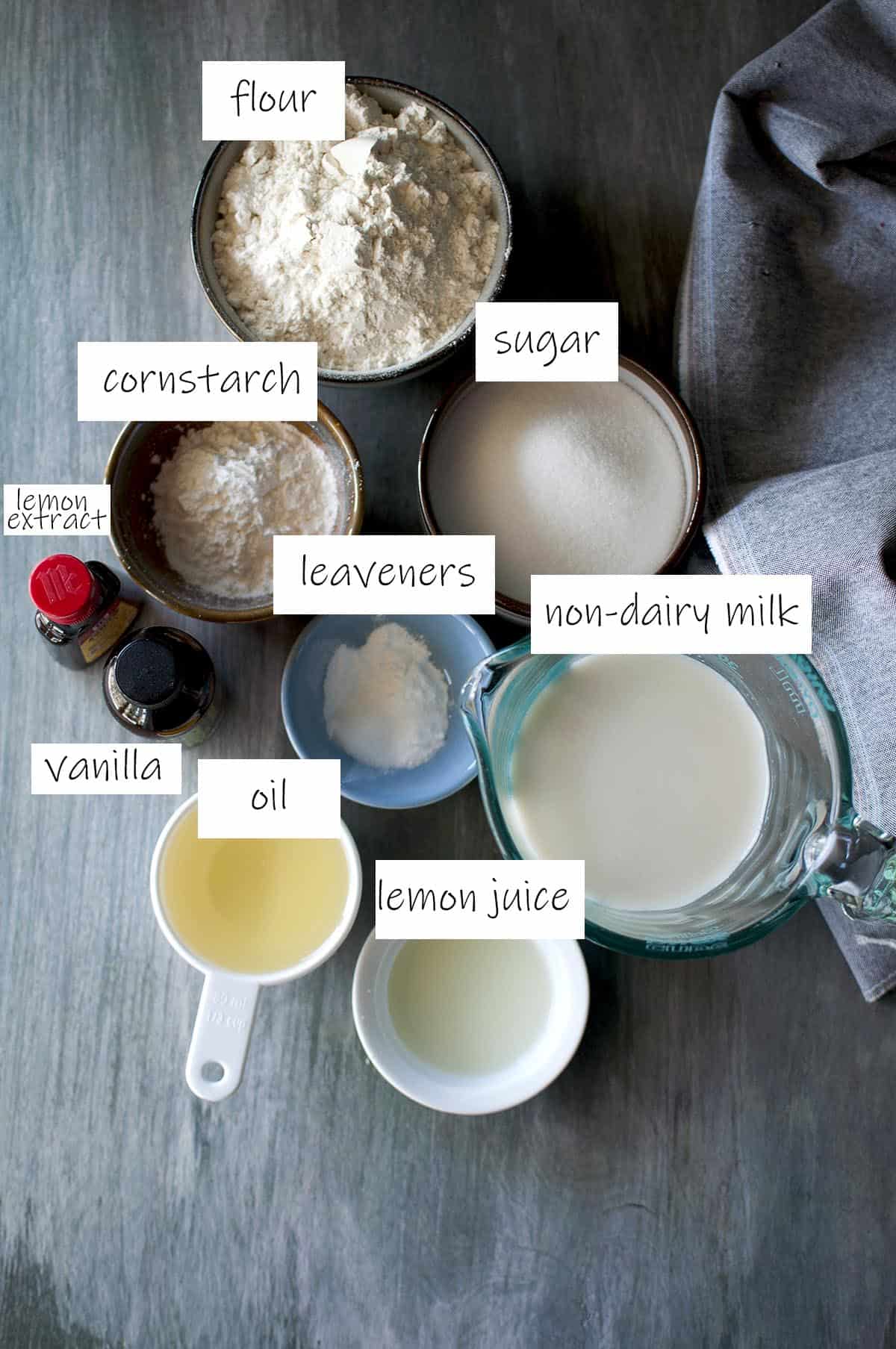 Ingredients needed for the vegan cake - details in recipe card