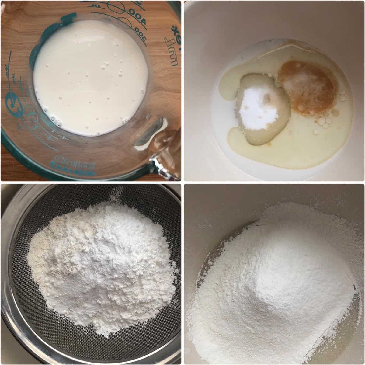 Wet ingredients in a mixing bowl and dry ingredients sifted in