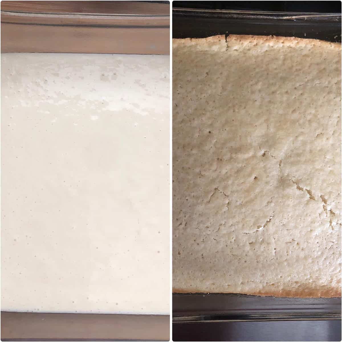 Batter poured into a square baking pan and baked until done.