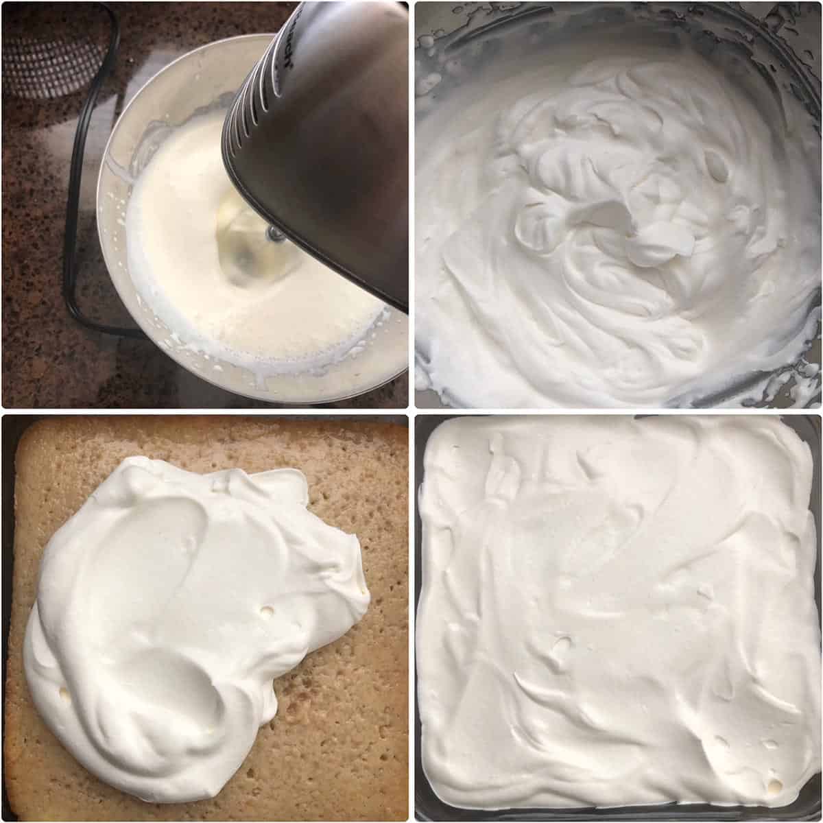 Non-dairy whipping cream whipped until stiff peaks form and then spread on the cake