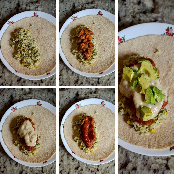 Step by step photos showing the layering of stuffed burrito