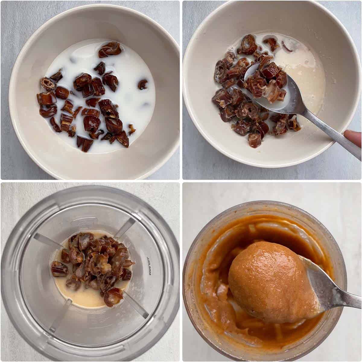 4 panel photo showing the soaking of dates in milk and grinding to a paste.