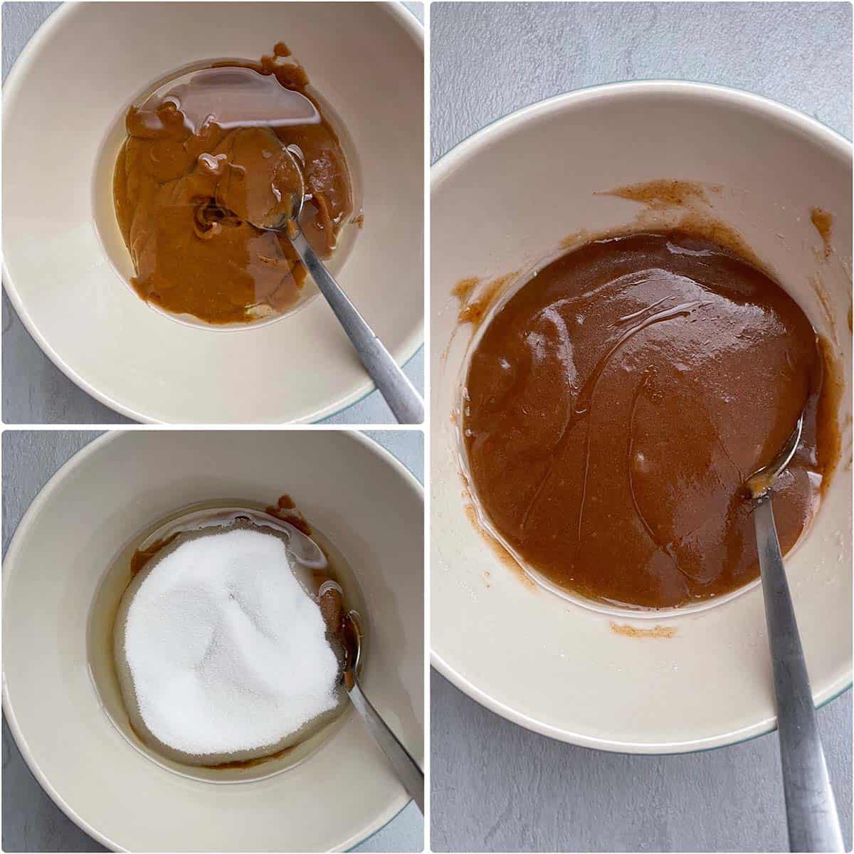 3 panel photo showing the mixing of date paste with sugar and oil.