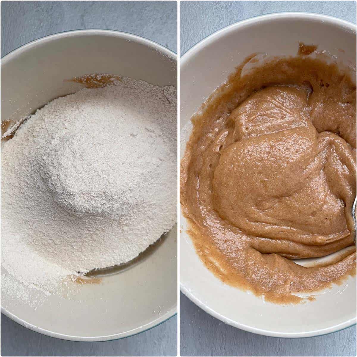 2 panel photo showing the addition of dry ingredients to wet ingredients in a white bowl.