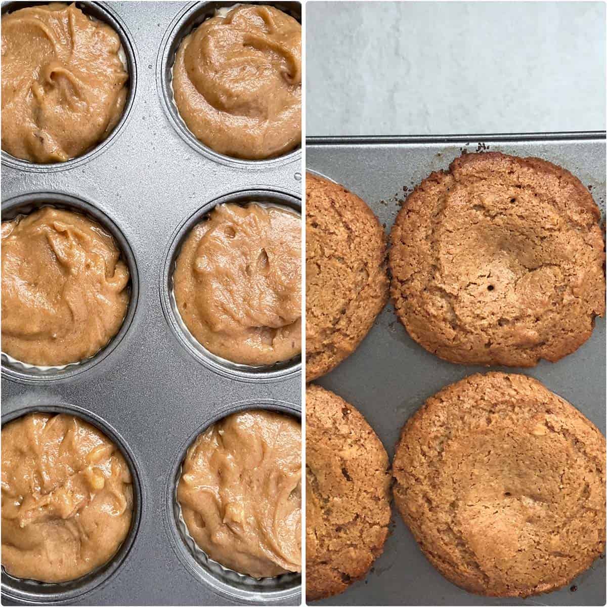 2 panel photo showing before and after baking the cakes.
