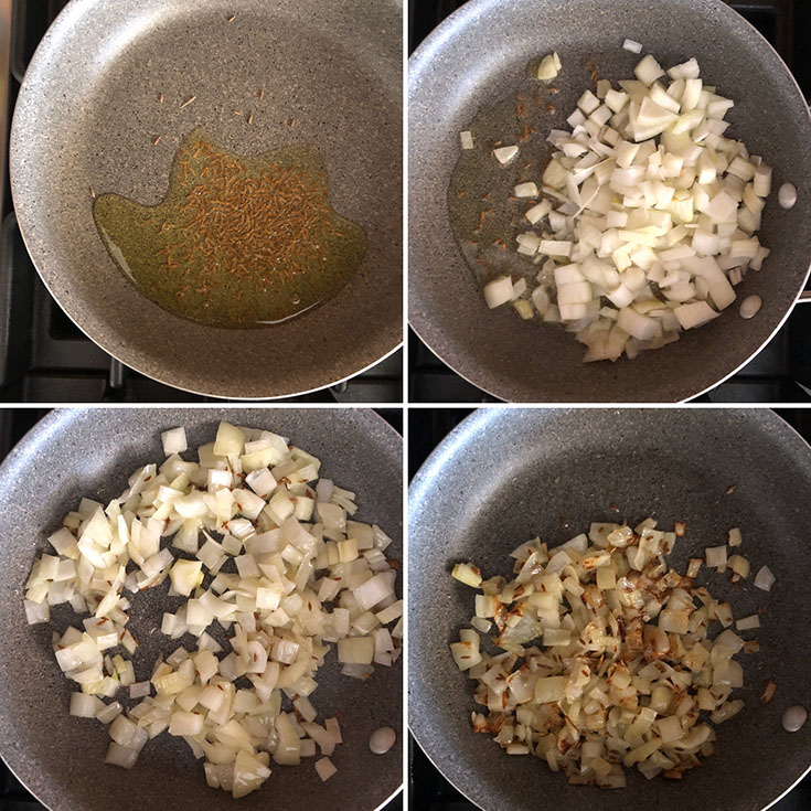 Step by step photos showing non-stick pan with oil, cumin seeds, onions sauteed until golden