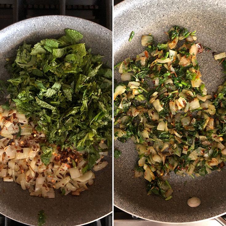 Step by step photos showing addition of herbs to sauteed onions and cooked till wilted