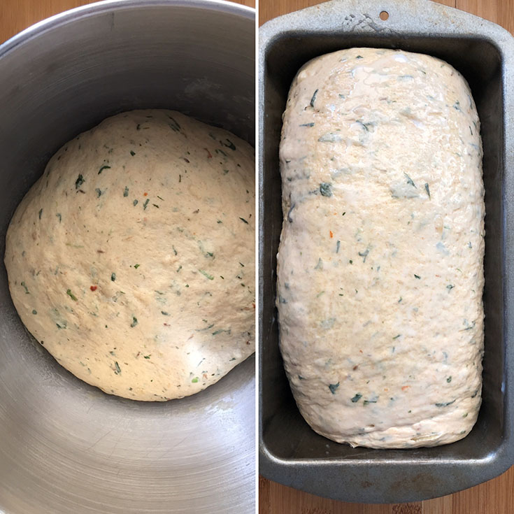 Side by side photos of rise dough after first and second rise