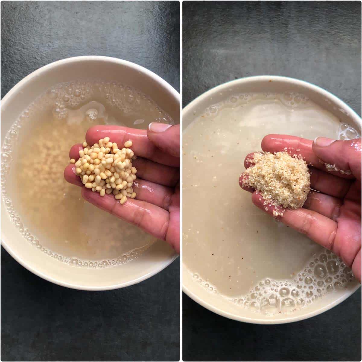 2 panel photo showing the soaking of urad dal and jonna rava.