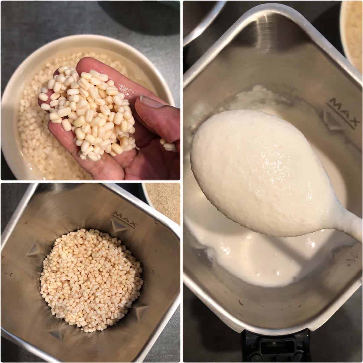 3 panel photo showing the soaked dal, ground to a fine paste.