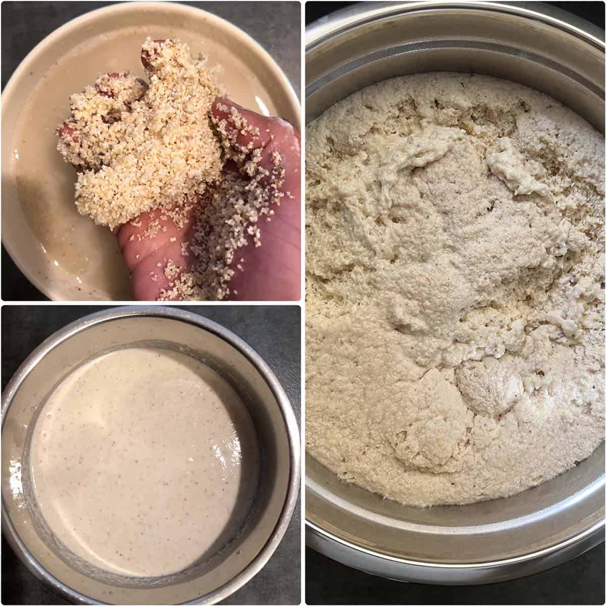 3 panel photo showing the mixing of ground dal and rava and fermented.