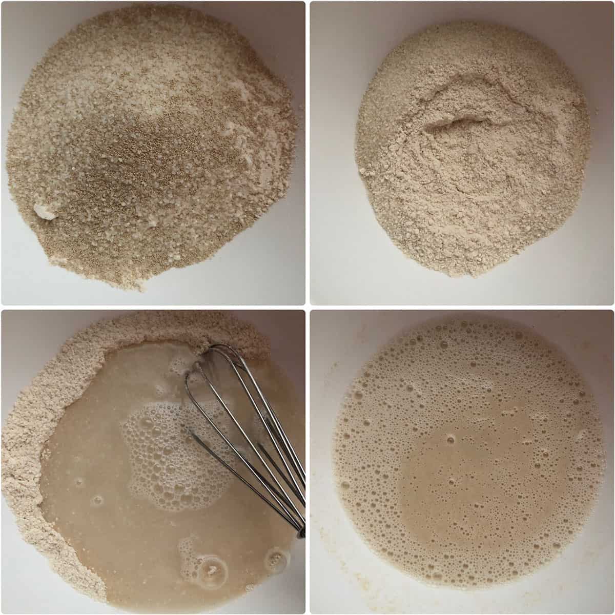 Step by step photos showing the combining of dry ingredients and wet ingredients to make the batter