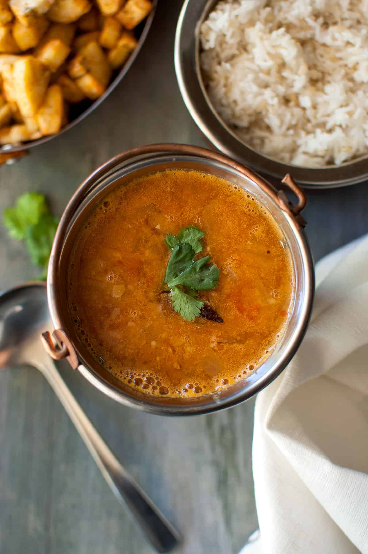 Top view of a bowl with Saravana bhavan Sambar.