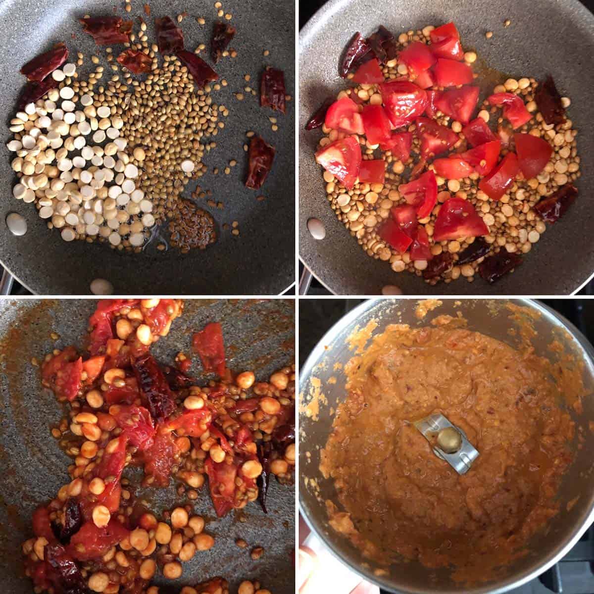 4 panel photo showing the making spice paste.