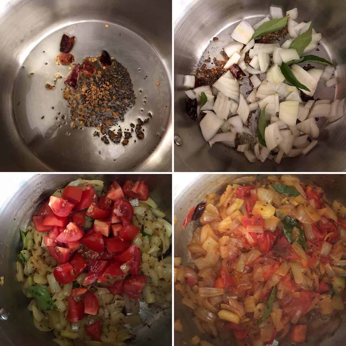 4 panel photo showing the sautéing of vegetables in a pan.