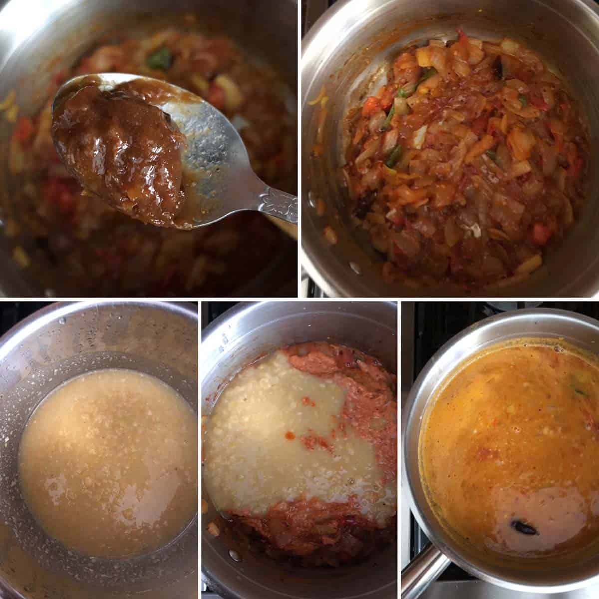 5 panel photo showing the adding of tamarind and dal to the pan.