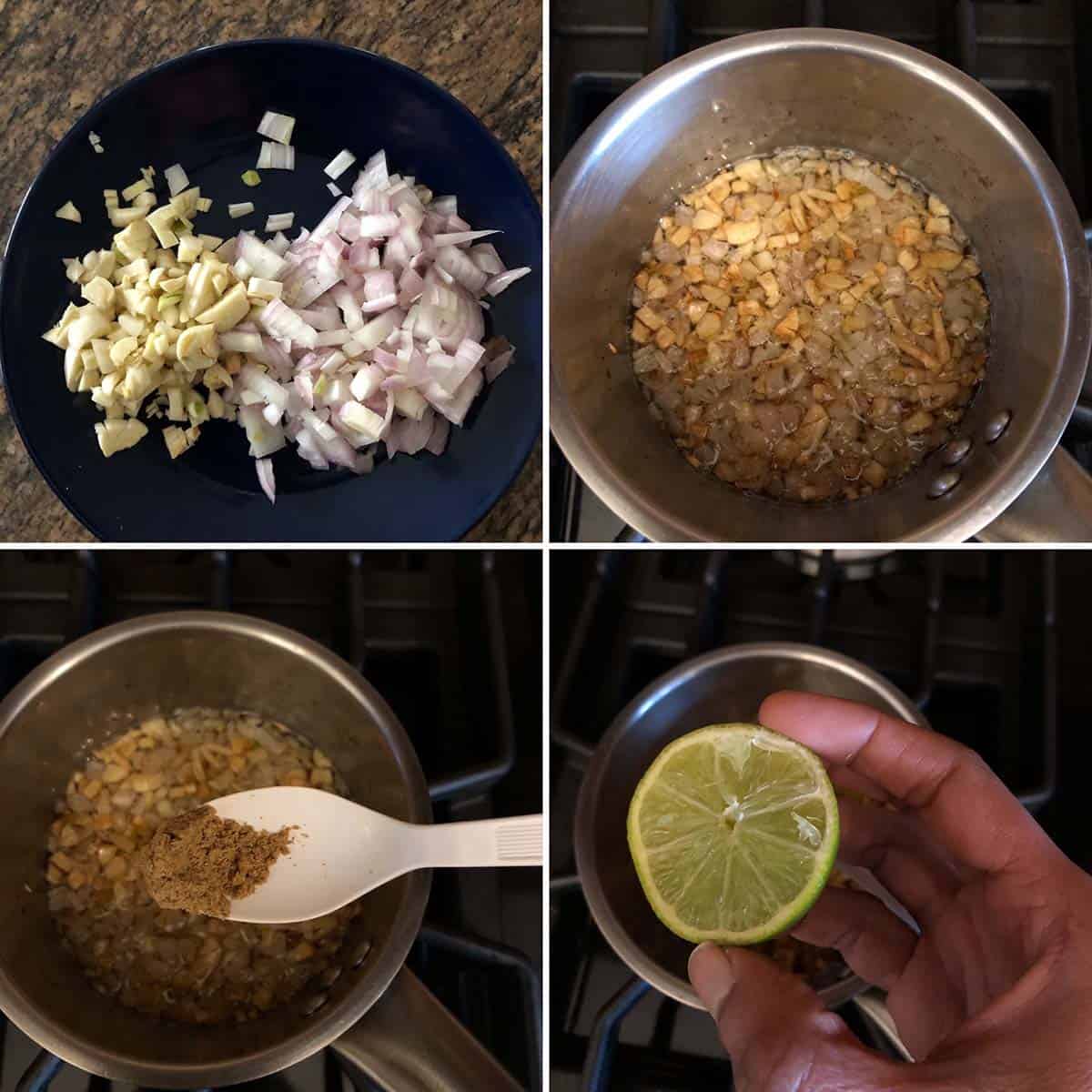 4 panel photo showing the cooking of olive oil with onion, garlic and spices.