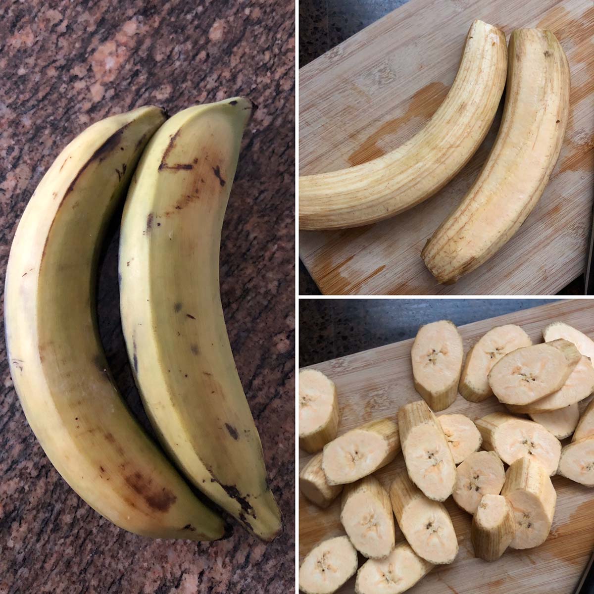 3 panel photo showing 2 green plantains, peeled and diced.